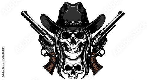 Dark Gothic Vector SVG Illustration with Skull and Cowboy Hat in Black and Brown Flat Style