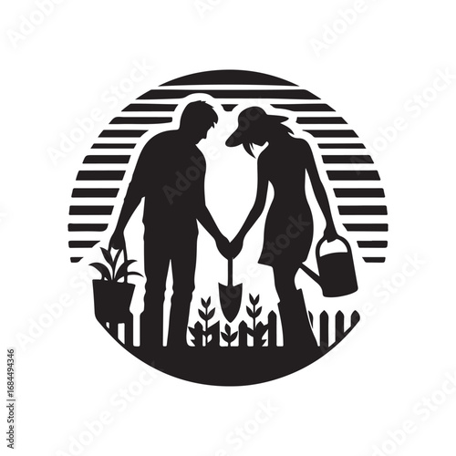 couple gardening vector silhouette clip art logo design illustration