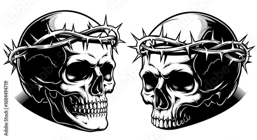 Dark Gothic Vector SVG Illustration with Skulls and Crown of Thorns in Black and White Line Art Style