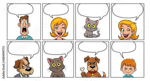 Cartoon family and pets in comic strip with blank speech bubbles for creative dialogue