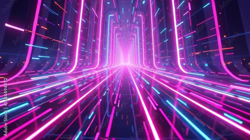 Futuristic neon tunnel with glowing pink and blue light, dynamic lines, digital corridor, vibrant energy, immersive sci fi atmosphere, creating