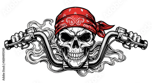 Bold Vector SVG Illustration of Skull with Red Bandana and Motorcycle Handles in Modern Line Art Style for Edgy Design
