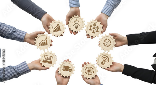 Business Teamwork with Gear Symbols | Collaborative Hands Holding Cogwheels with Business Growth Icons for Success and Partnership