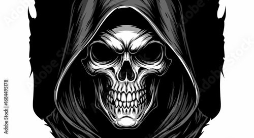 Dark Gothic Vector SVG Illustration with Skull and Hood Design in Black and White Flat Style