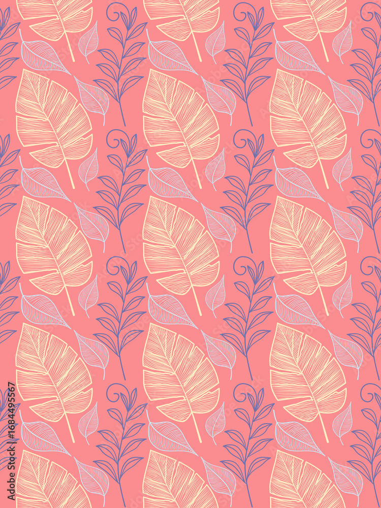 Fototapeta premium Leaf tropical seamless pattern line art element abstract.Leaves botanical hand drawn pastel color vector background.Foliage outlines flat style autumn illustration.Design for print,textile,wrap,paper.