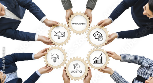 Business Team Holding Gears with Management, Logistics, and Strategy Icons | Concept for Collaboration, Teamwork, and Business Solutions