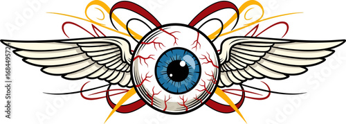 A surreal illustration of a flying bloodshot eyeball with angelic wings, adorned with red and yellow swirls.