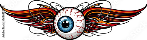 A surreal illustration of a flying bloodshot eyeball with a blue iris and ornate, fiery orange wings.