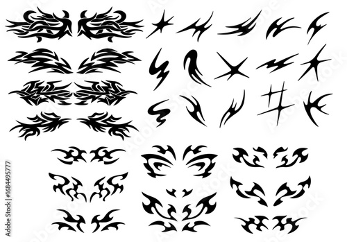 Cybersigilism legacy, Neo tribal patterns in different styles. Gothic tattoo, 3D digital art. Сybersigilism in a rethought understanding, different styles - 3d, silhouette, flat. Neo tribal. Vector