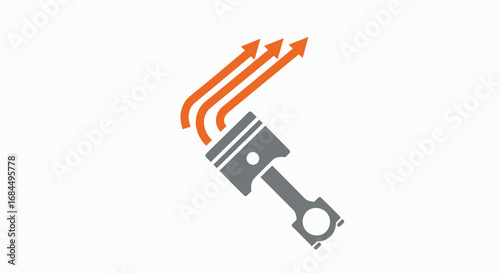A stylized graphic icon of a gray engine piston with three orange arrows indicating power, speed, and upward progress.