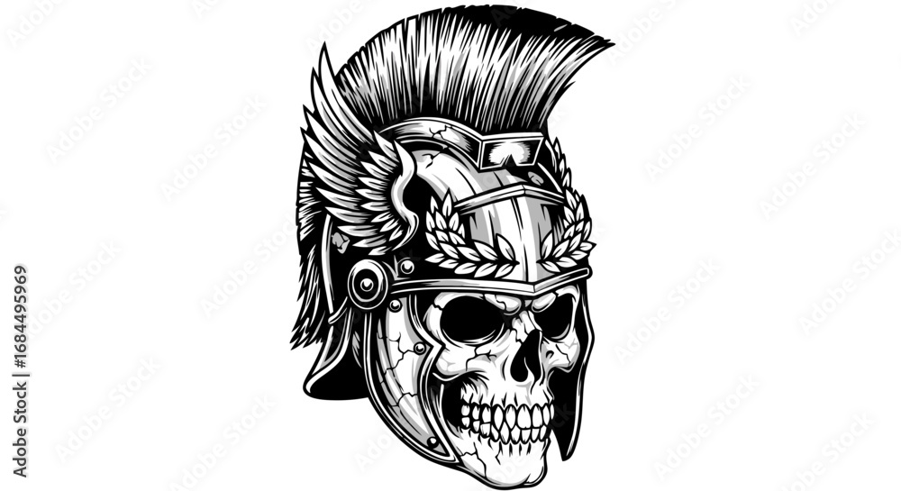 Fototapeta premium Minimalist Vector SVG Illustration of Skull with Greek Helmet in Black and White Flat Style for Web and Tattoo Design