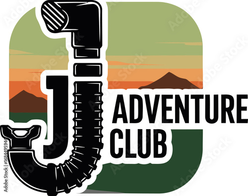 An adventure club logo with a snorkel forming the letter J against a mountain landscape.