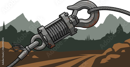 An illustrated close-up of a heavy-duty winch with a snapped, frayed steel cable and hook in a rugged, mountainous off-road environment.