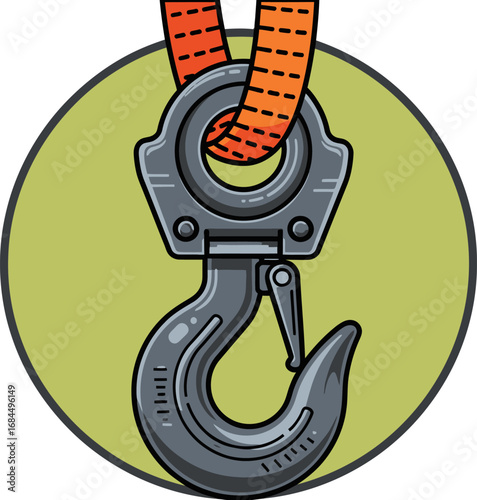 A detailed illustration of a heavy-duty industrial metal hook with a safety latch, attached to a bright orange strap.