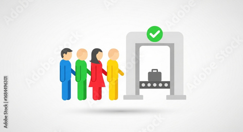 Airport security check line queue with baggage scanner and passengers for travel safety concept