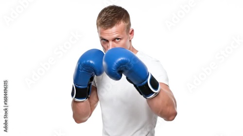 a male boxer in a fighting stance isolated on a white background. generated with ai