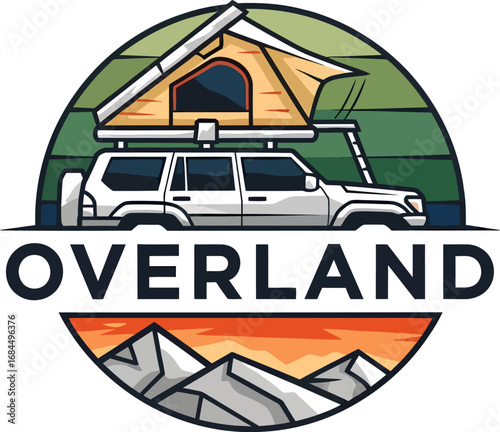 A circular emblem depicting a white overlanding SUV with a rooftop tent amidst mountains and a colorful sky.