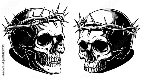 Black and White Vector SVG Illustration of Skulls with Crown of Thorns in Gothic Style for Tattoo Design and Dark Art