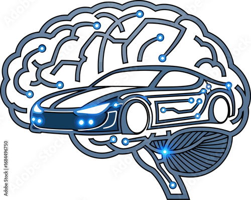 A smart car integrated into a brain-shaped circuit board, symbolizing automotive AI and autonomous driving.