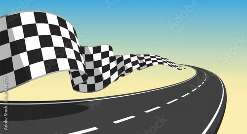A black and white checkered flag waves dynamically over a winding asphalt road, marking the finish line.