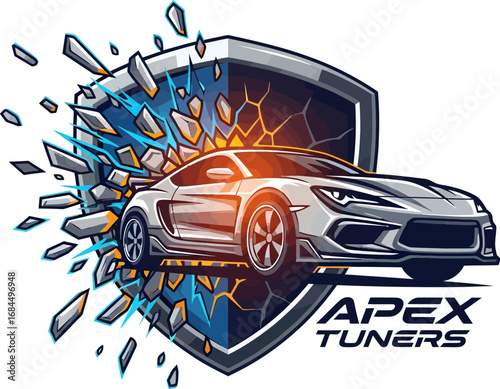 A silver sports car bursts through a shattering blue shield in a dynamic automotive tuning logo.