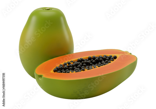 Vászonkép Isolated papaya half and whole unripe fruit with seeds, tropical food on backgro