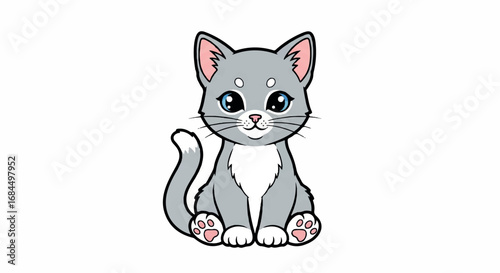 Cute cartoon gray kitten sitting with big eyes.