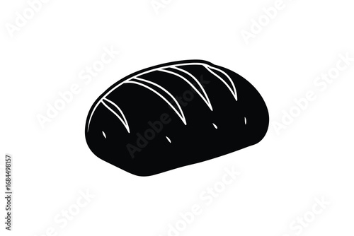 A simple hand drawn black silhouette of a loaf of bread with score marks on top isolated on white background