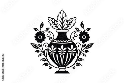 Elegant black silhouette of a classical urn with floral embellishments and leaves isolated on white background