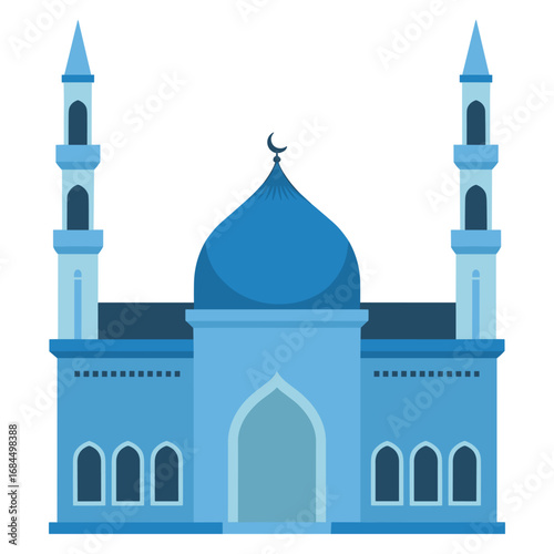 Blue Flat Design Illustration of an Islamic Mosque with Two Tall Minarets Keywords: Islamic mosque illustration, blue mosque, flat
