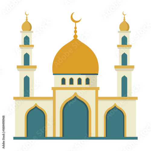 Colorful Islamic mosque with two minarets and golden dome on white religion faith