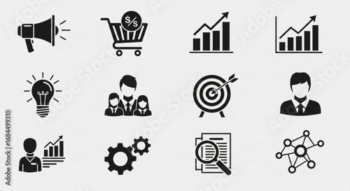 Business strategy marketing analysis icons set for growth success and financial performance management plan