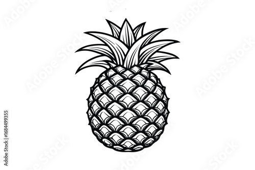 Detailed black and white illustration of a pineapple in a silhouette style presented isolated on white background