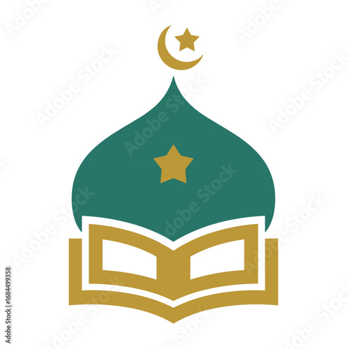 Green Dome With Open Book And Crescent Moon Islamic Symbol On White Background religion faith