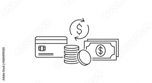 Money transfer financial transaction with credit card cash and coins vector illustration design