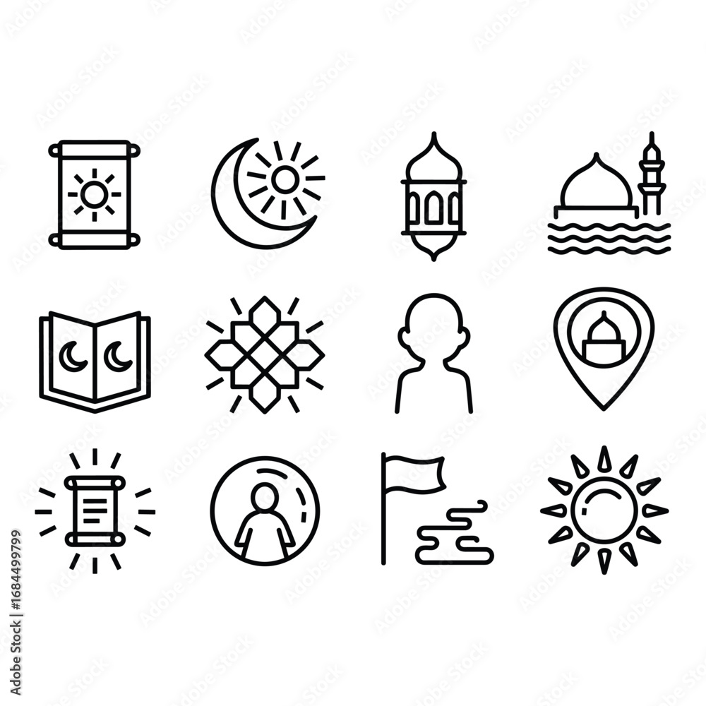 Naklejka premium Islamic Icons Set with Mosque Sun Moon Scroll and Person Symbols Keywords: Islamic icons, mosque, sun, moon, scroll, person, map