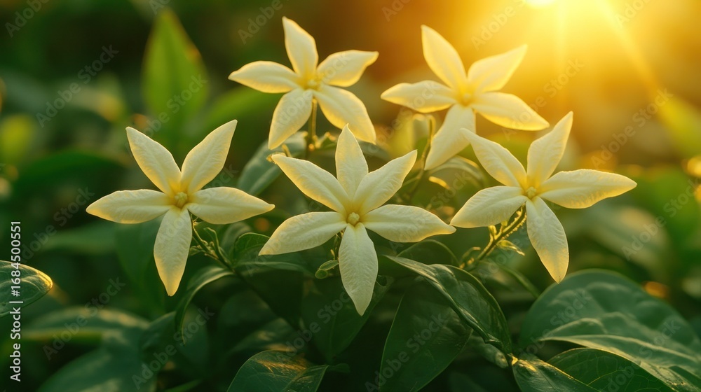 Obraz premium Golden Hour Bloom: Five Delicate White Flowers Basking in the Sunset's Warm Embrace