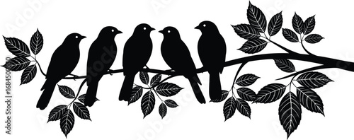 Black birds perched on a branch with leaves, nature and wildlife theme