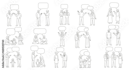 Illustrative groups of diverse people engaging in conversation with speech bubbles representing