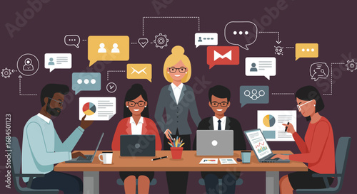Corporate people in flat design, team collaboration, manager leading team, business partnership illustration
