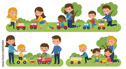 Flat style vector set of kids playing with push toys and parents supervising, family time and child development illustration