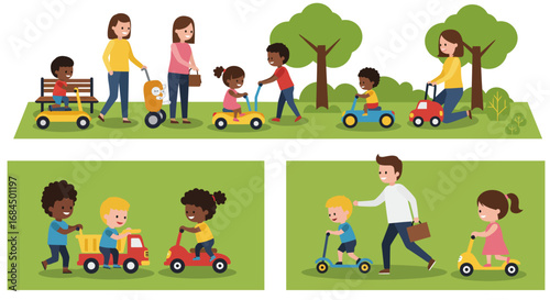 Flat style vector set of kids playing with push toys and parents supervising, family time and child development illustration
