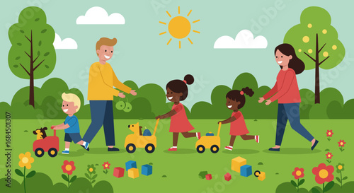 Flat vector illustration of children playing with push toys together with parents, family outdoor activity concept