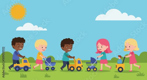 Vector flat design of diverse children playing with push toys, outdoor family fun concept