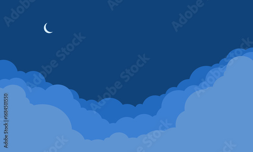 夜空のベクター背景/暗い空と雲と三日月/シンプルでフラットな空のイラスト