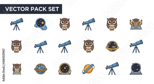 Charming vector icons depicting astronomy, telescopes, planets and wise owls for science