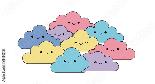 Cute Pastel Clouds with Happy Faces.