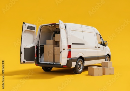White delivery van with open rear doors and boxes inside, set against a vibrant yellow background