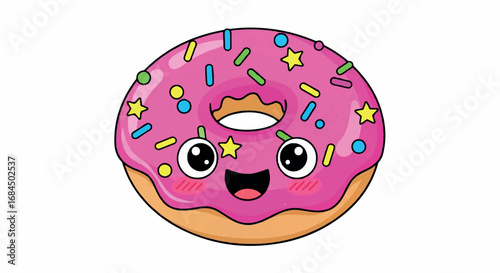 Cute Pink Donut with Sprinkles and Happy Face.