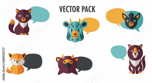 Playful animal character vector illustration set with conversation bubbles in cheerful style